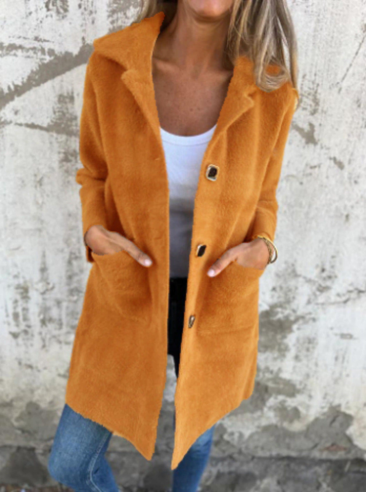 Morwenna long button coat in orange, front view