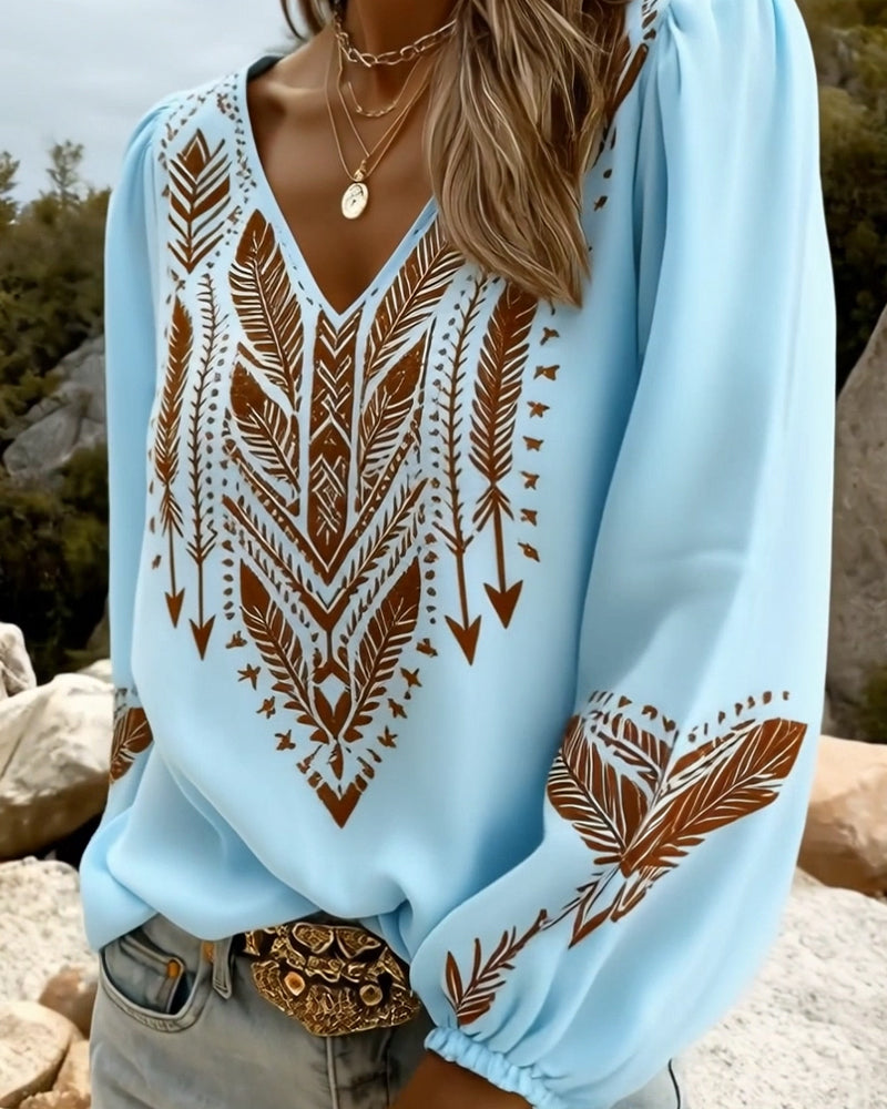 Sienna boho blouse in light blue, front view showing printed sleeves