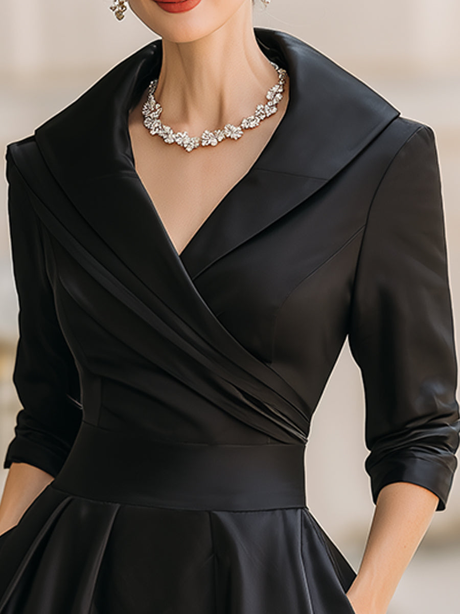 May midi dress shawl collar and wrap V-neck detail in black