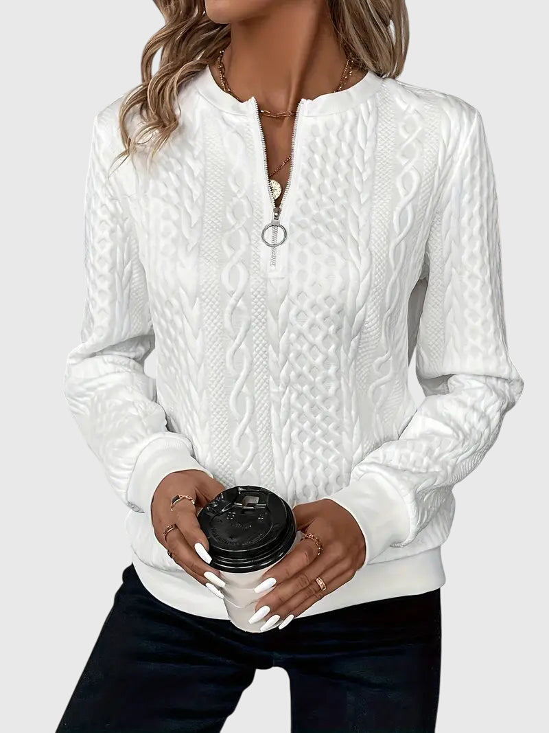 Nora textured zip sweater in white, close-up of zip and knit texture