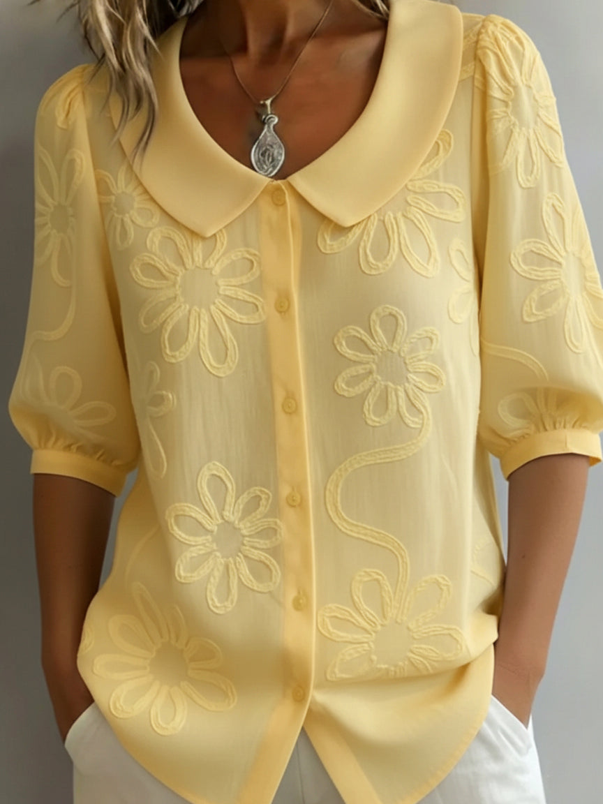 Aurélie lightweight floral blouse in yellow, front view with collar and puff sleeves