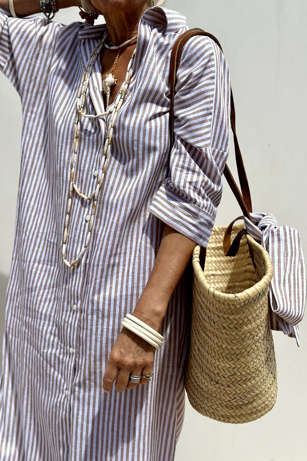 Sophia striped shirt dress in khaki, sleeve and neckline detail