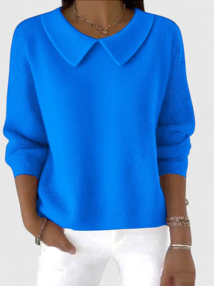 Quinn collared knit sweater in blue, front view