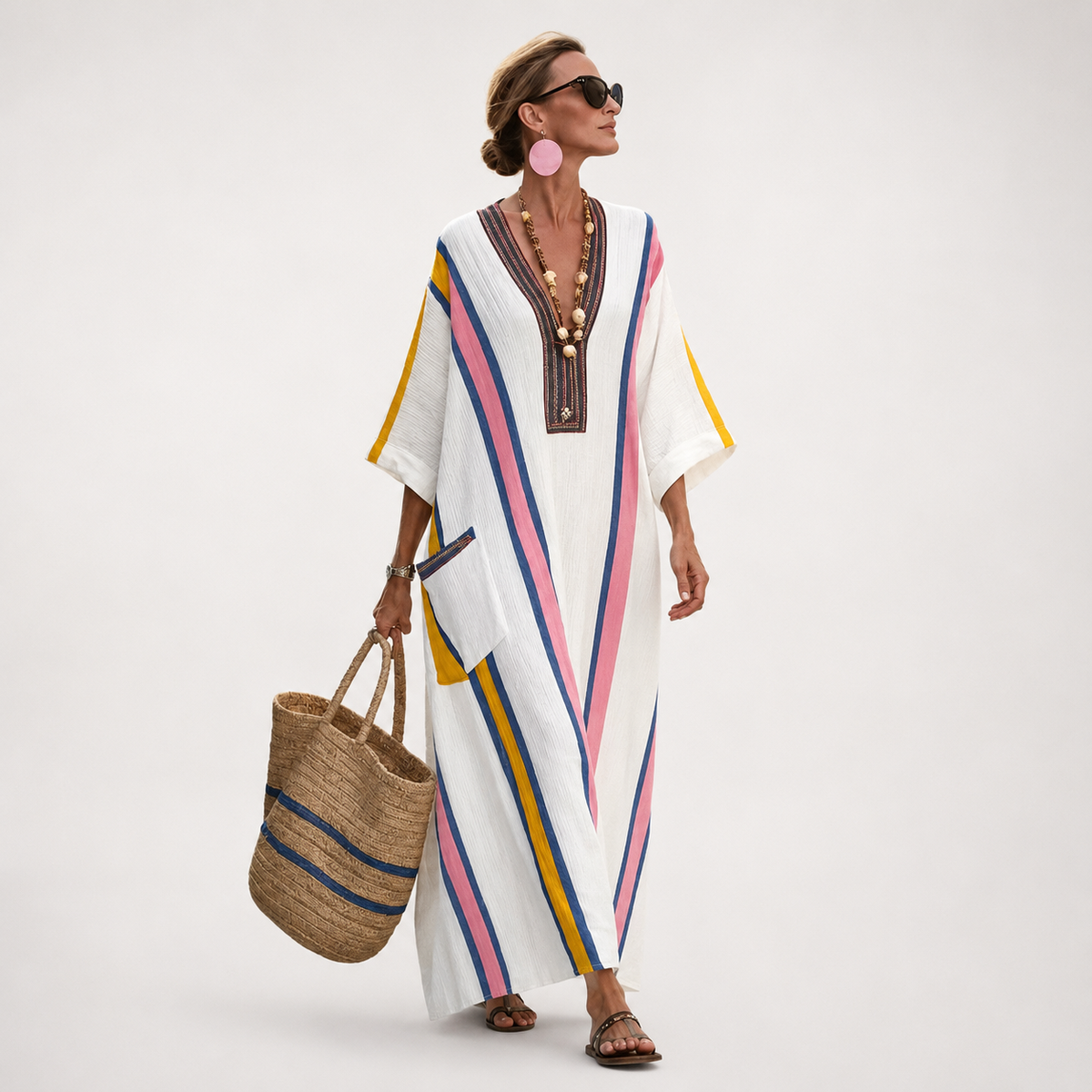 Long striped kaftan in white with pink, blue and yellow stripes, full-length front view