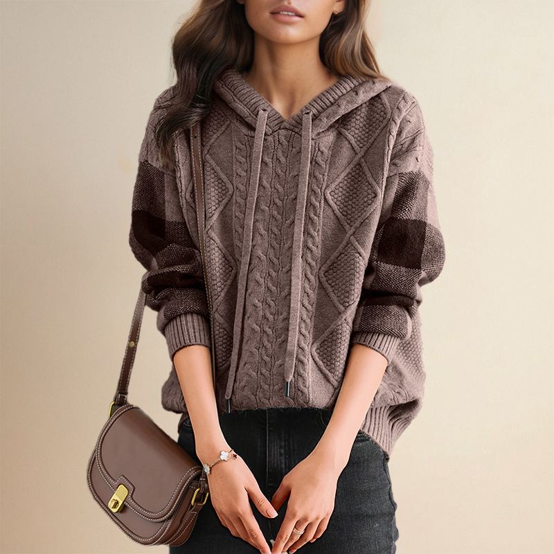 Warrina jacquard hooded jumper in brown, front view with check sleeves