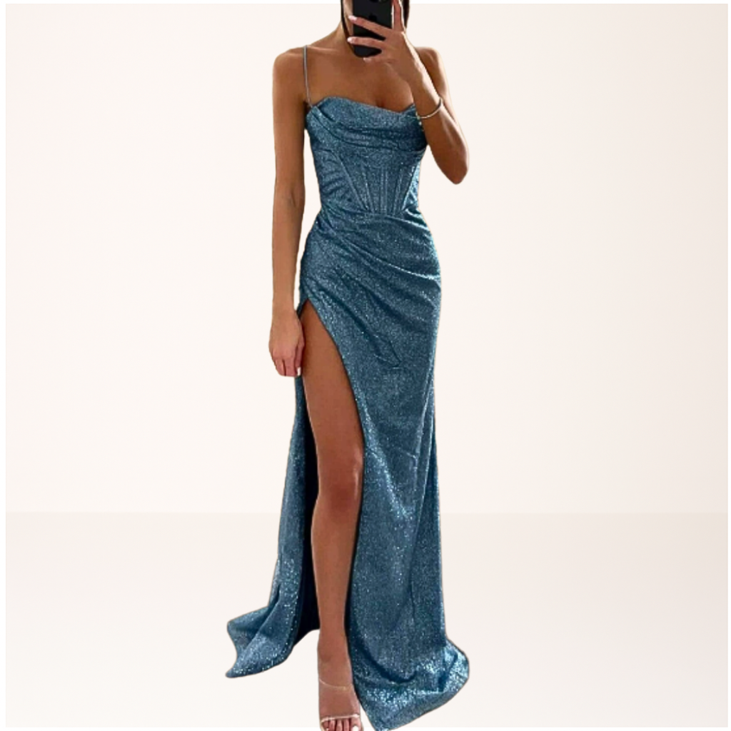 Harryte sequin evening maxi dress in blue, full-length front view
