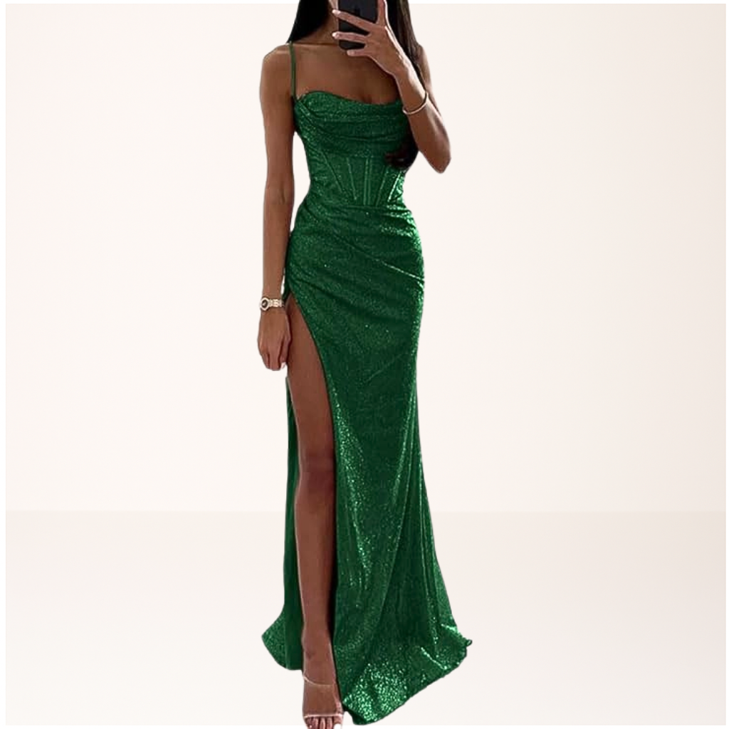 Harryte sequin evening maxi dress in green, full-length front view