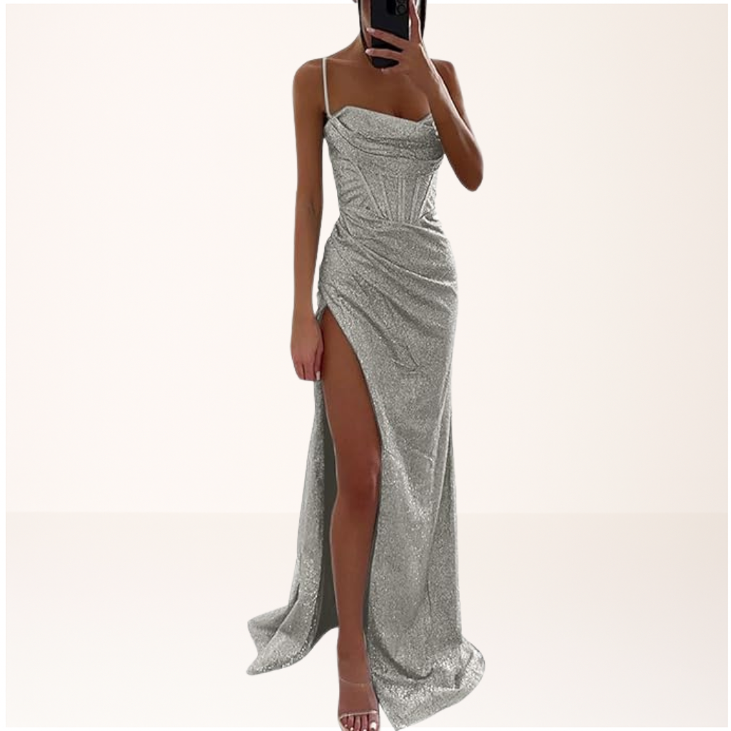 Harryte sequin evening maxi dress in light grey, full-length front view