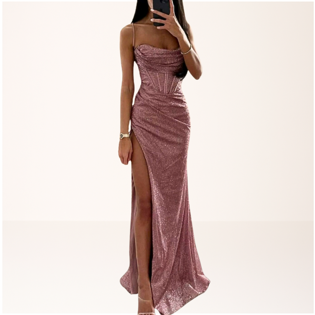 Harryte sequin evening maxi dress in pink, full-length front view