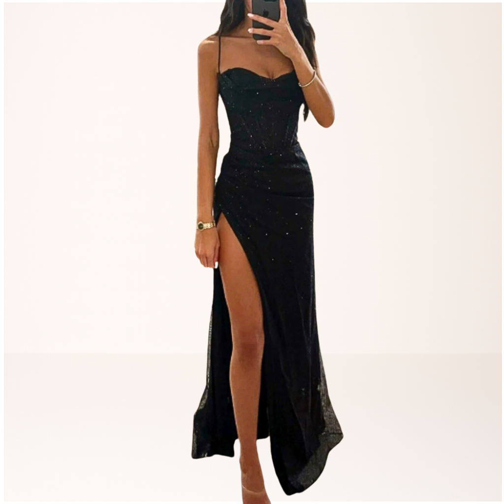 Harryte sequin evening maxi dress in black, full-length front view