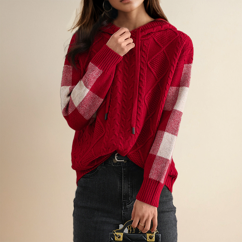 Warrina jacquard hooded jumper in red, full front view