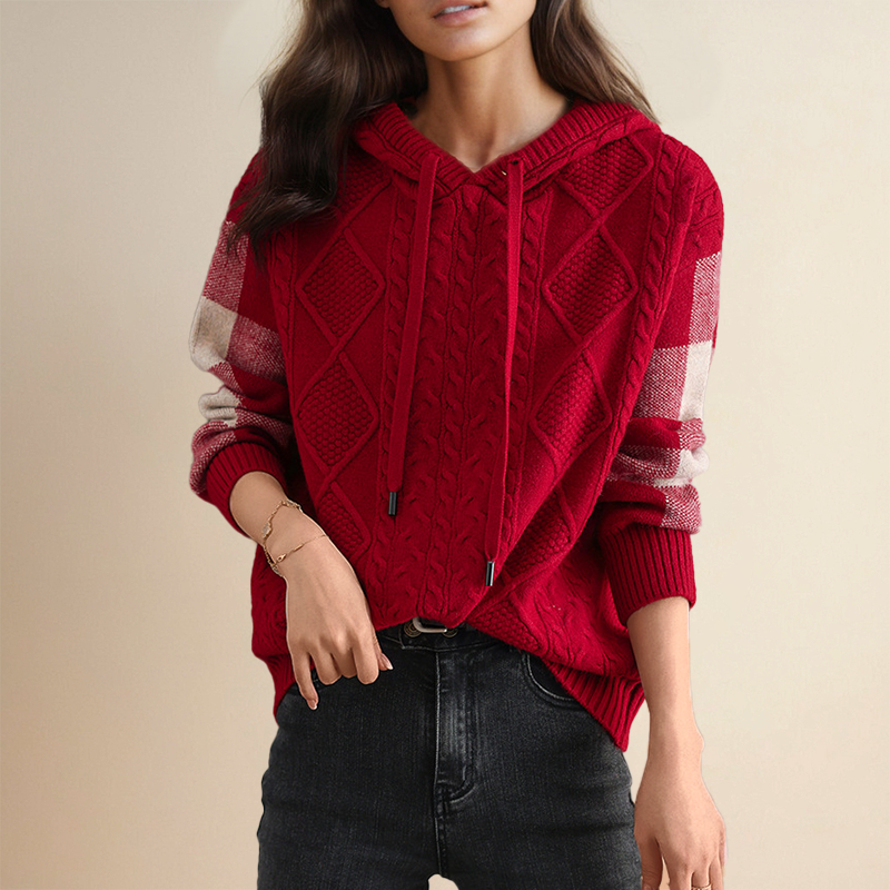 Warrina hooded jumper in red, front view with cable knit detail