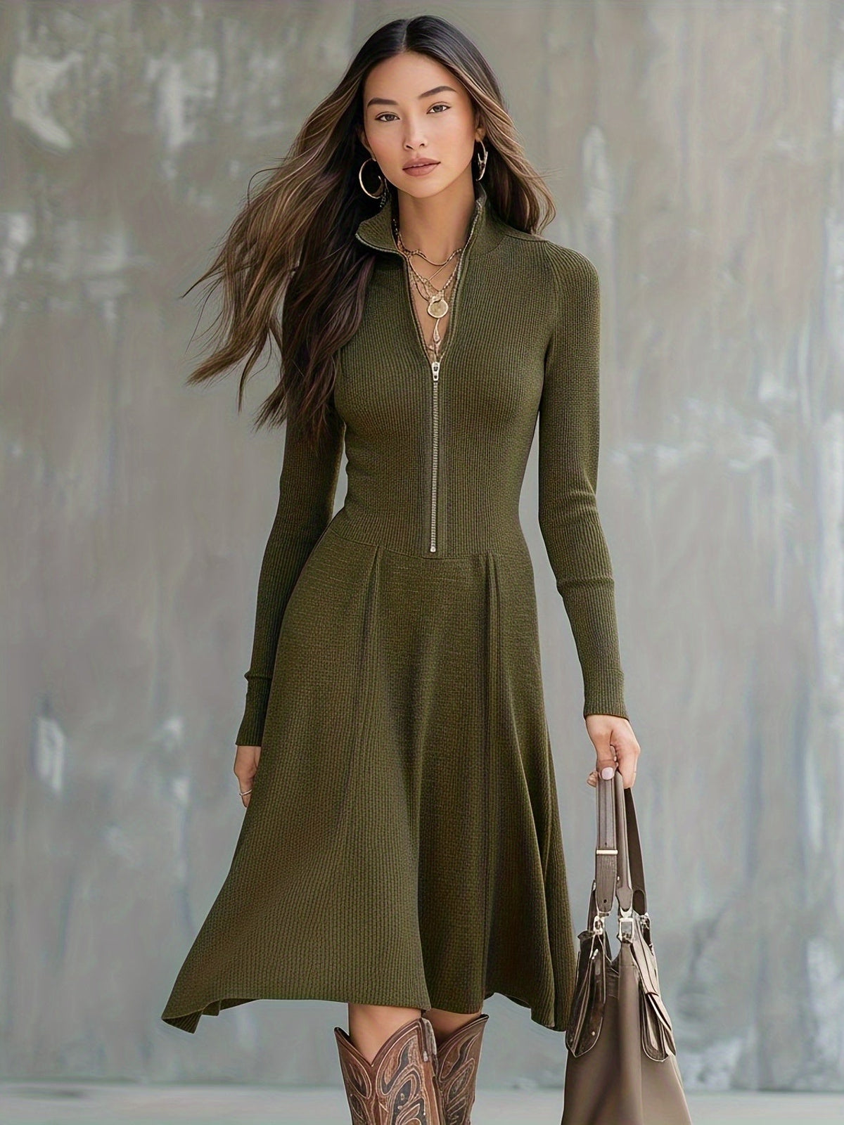 Zinnia zippered long sleeve dress in army green, full-length styled with boots