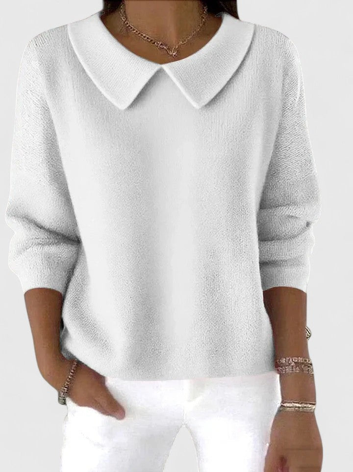 Quinn collared knit sweater in white, front view