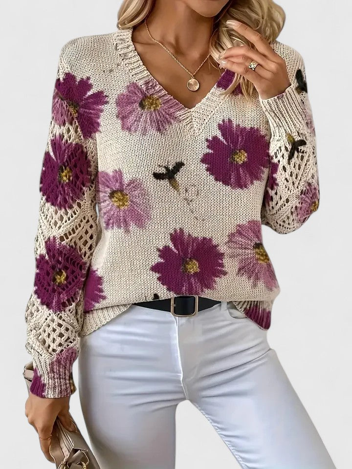 Tahlia floral sweater in purple floral print, three-quarter front view