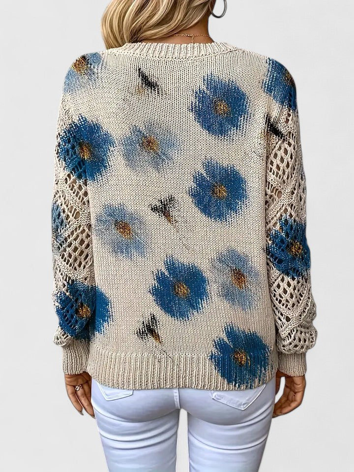 Tahlia floral sweater in blue floral print, back view