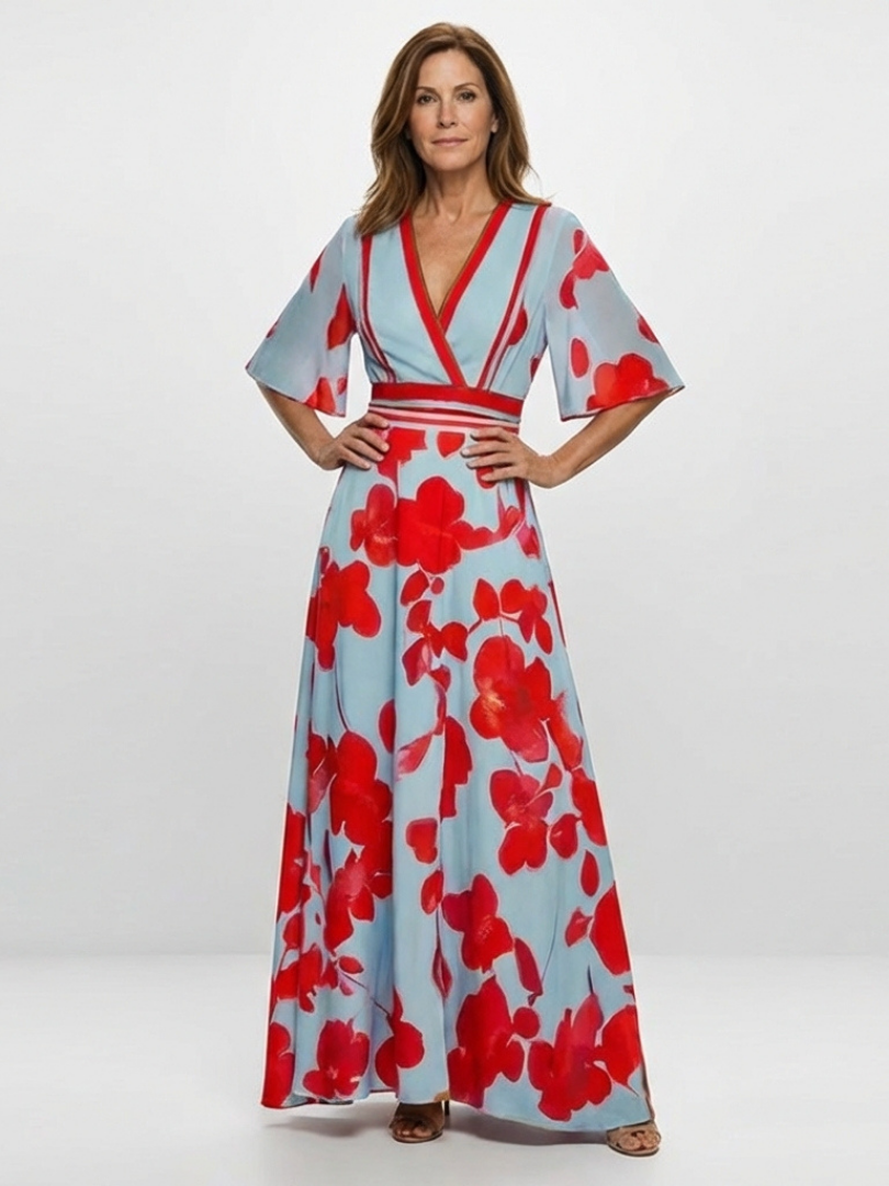 Corinne floral maxi dress in blue and red, full-length front view