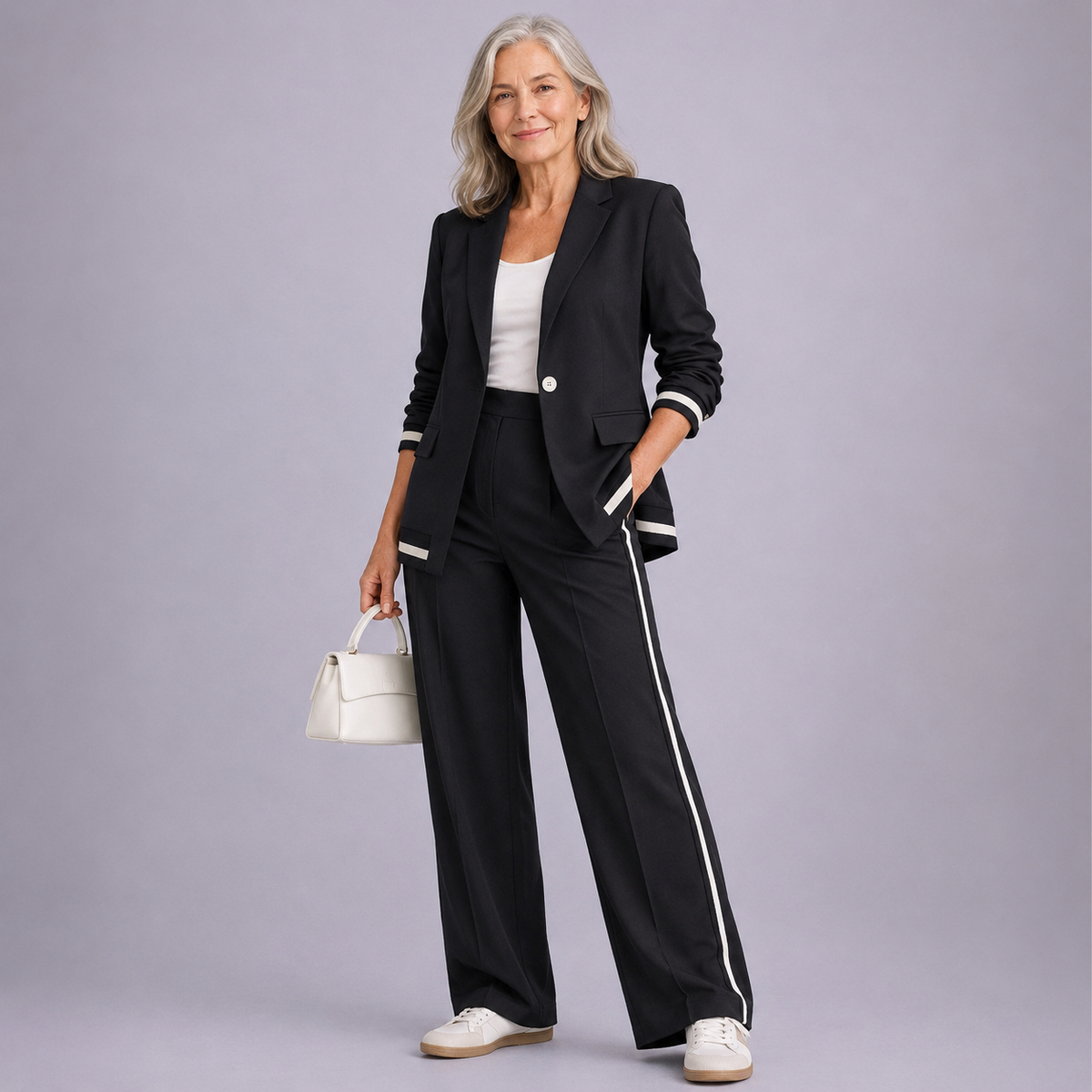 Hyacinth casual suit set in black with white side stripes, full-length front view