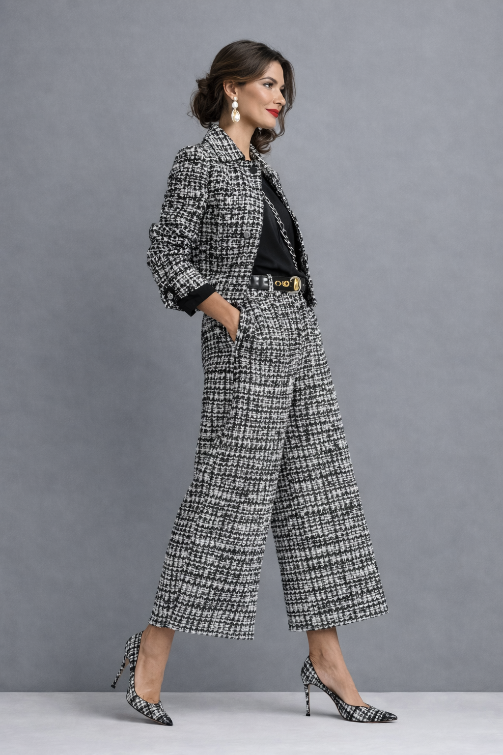 Lucia two-piece tweed set in grey, side view
