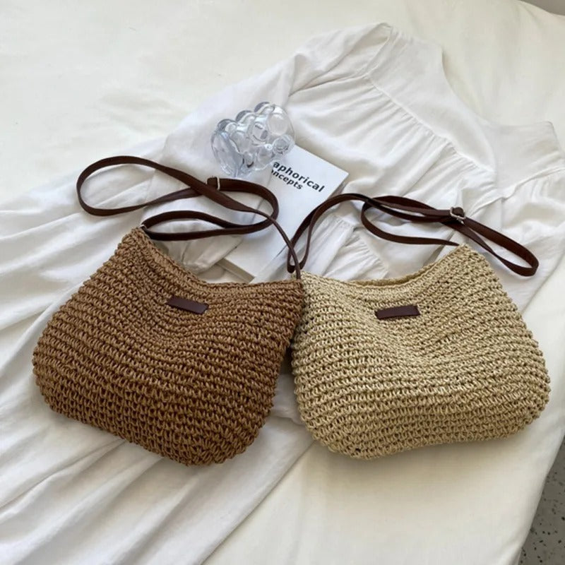 Woven shoulder bag in khaki and beige, side by side flat view
