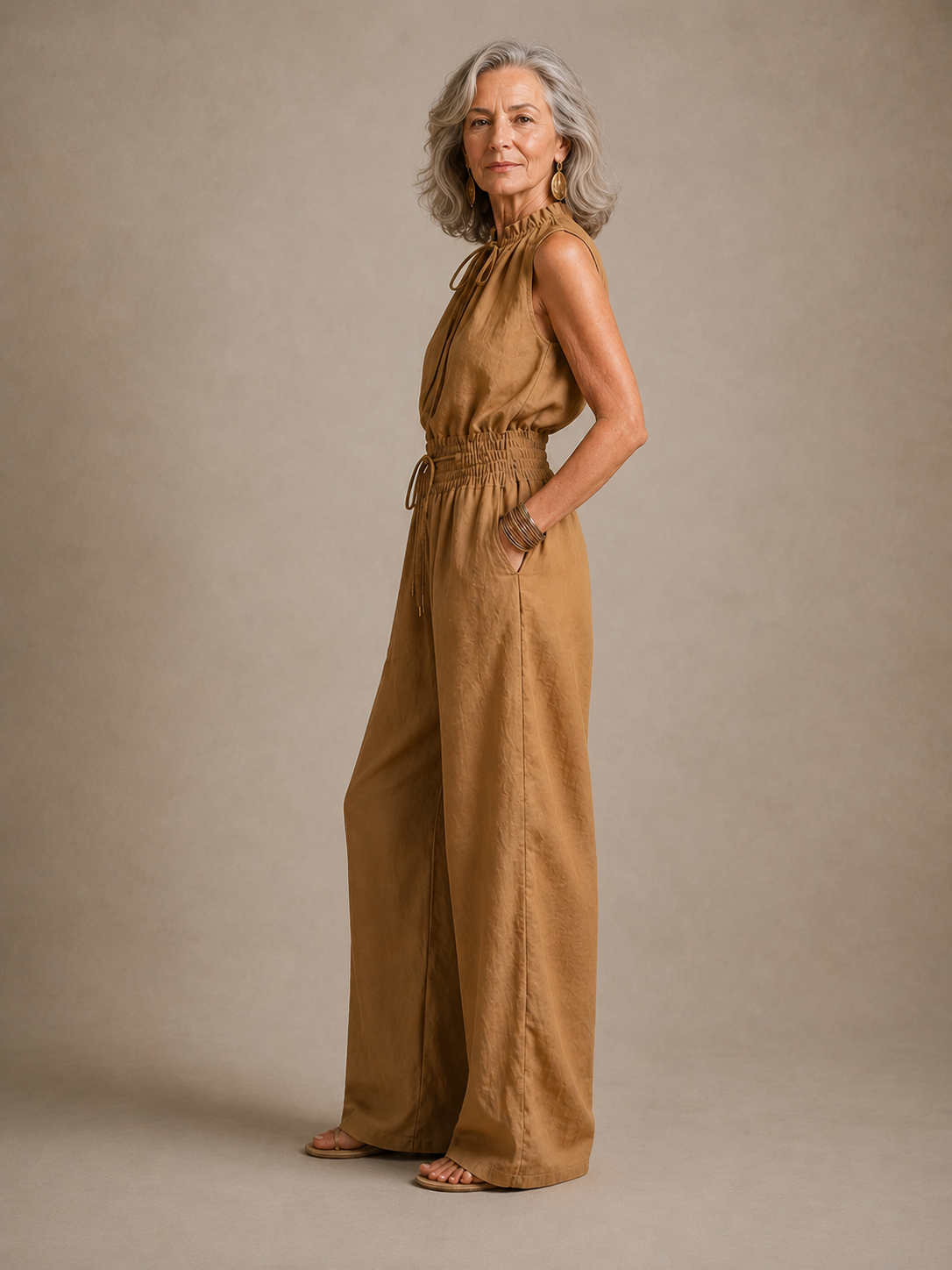 Zenaide wide-leg jumpsuit in camel, side view