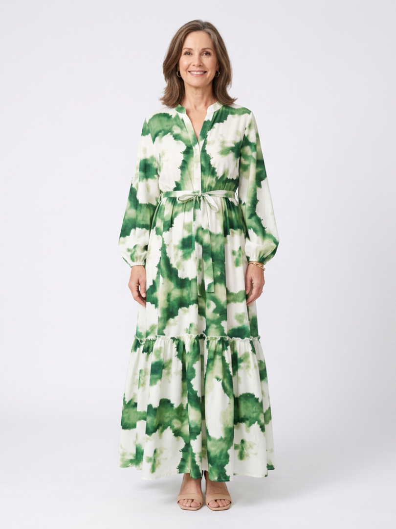 Sabine tiered maxi dress in green watercolour print, full-length front view