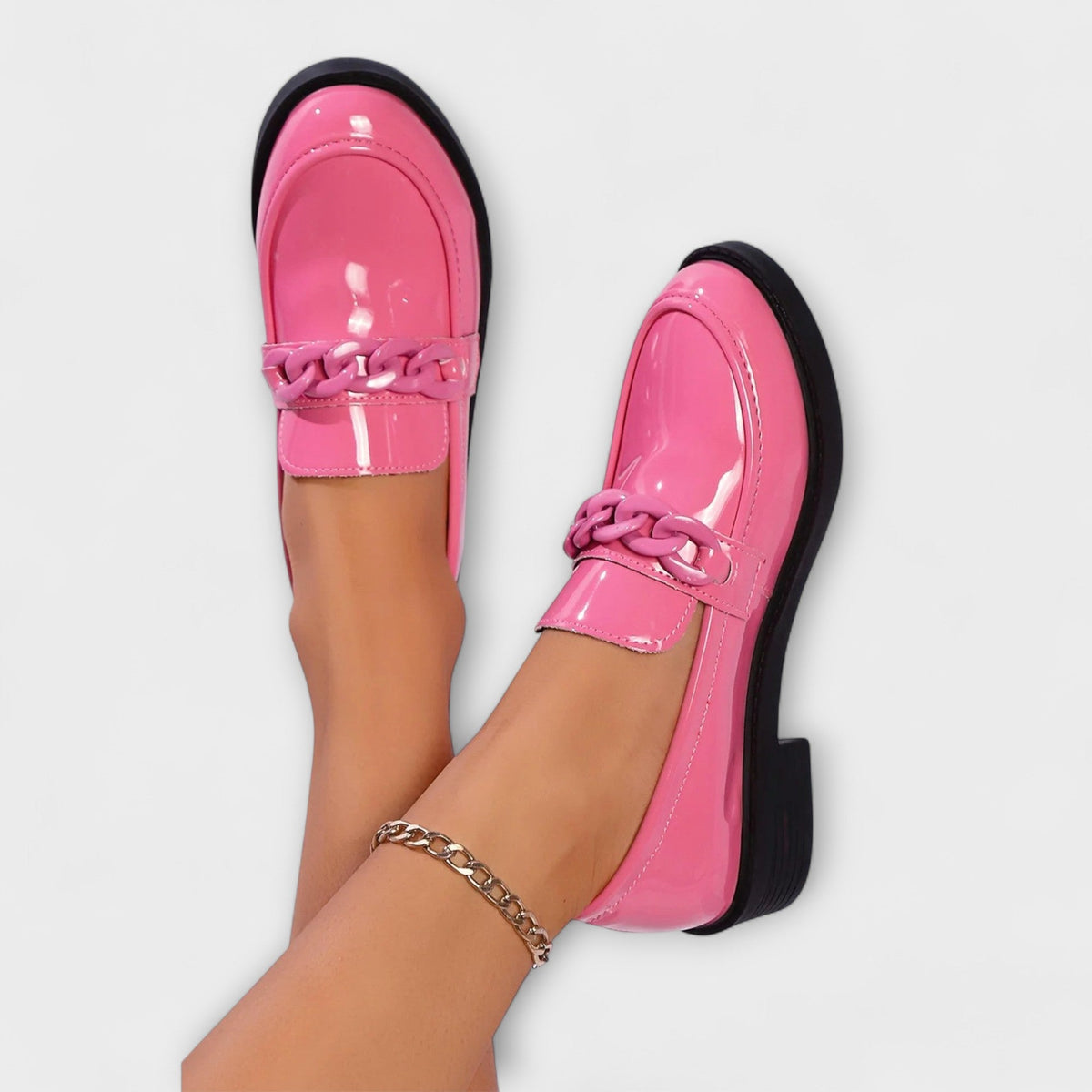 Delia chain loafers in pink, close-up of chain trim and sole