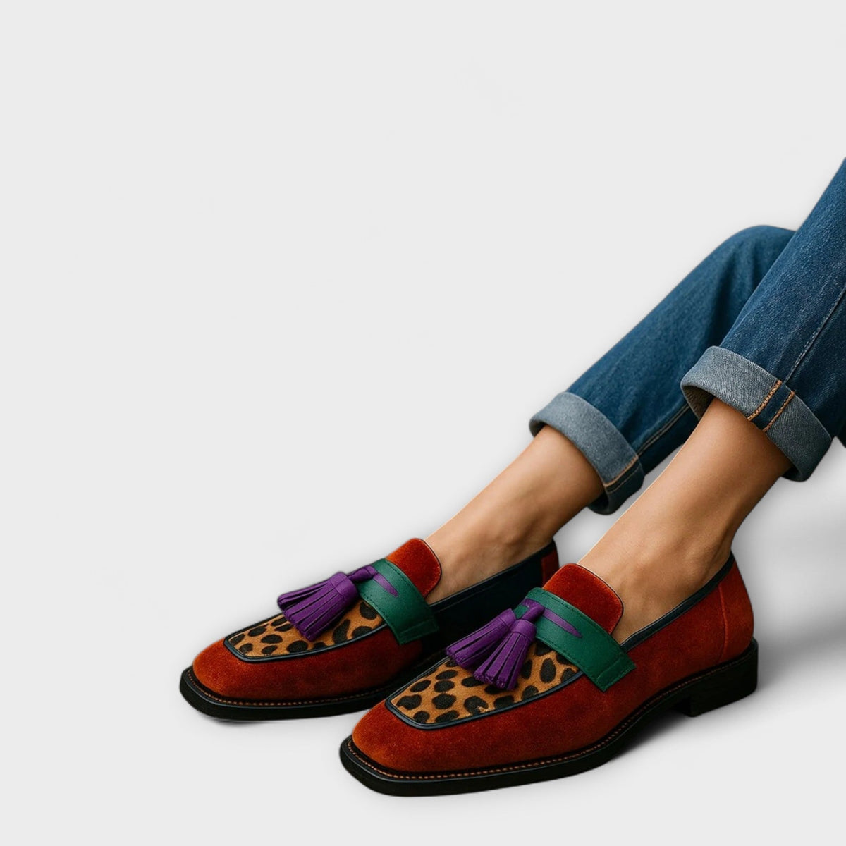 Tessa multicolour loafers in rust, green and leopard print, worn with turned-up jeans
