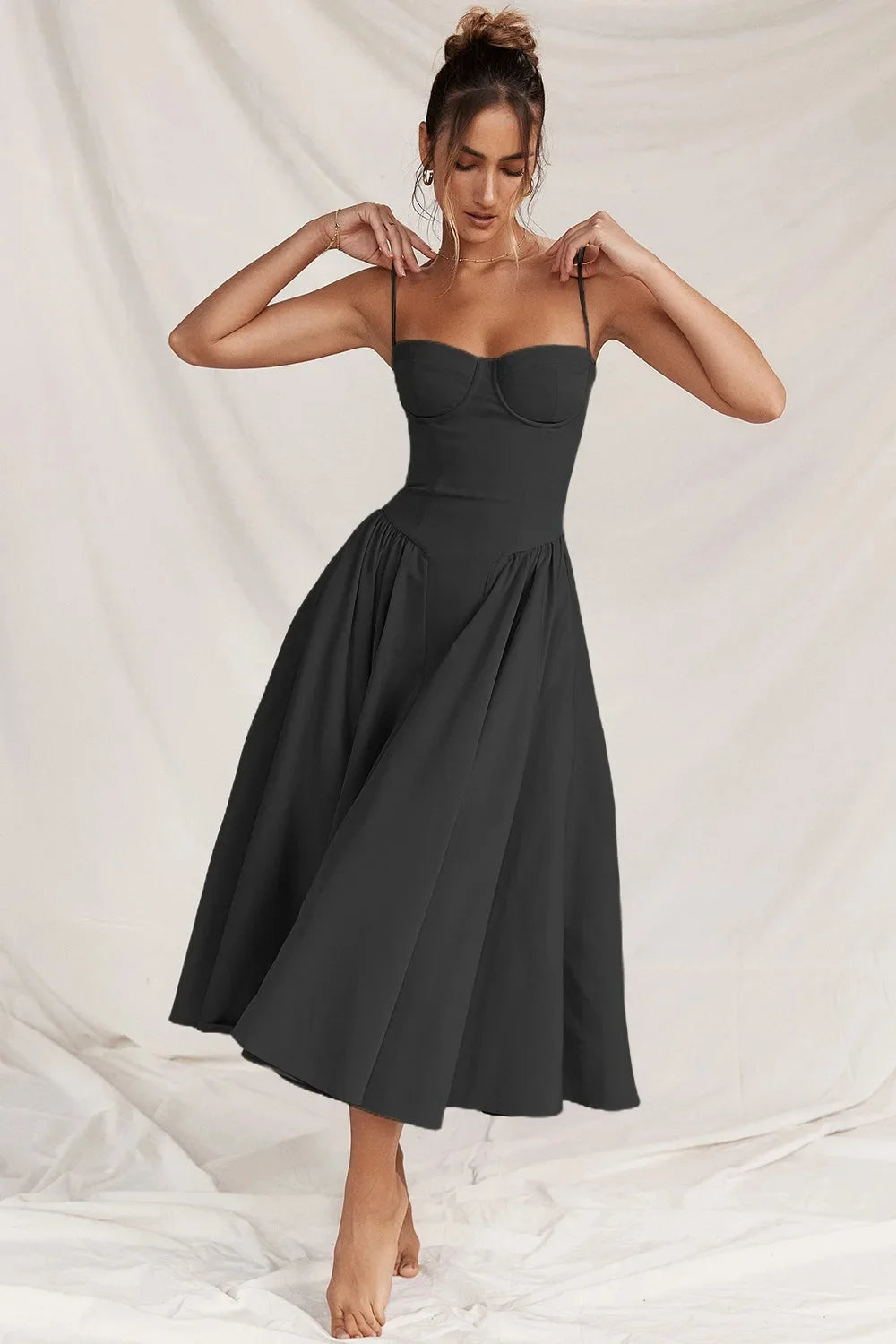Charmone evening midi dress in black, full-length front view