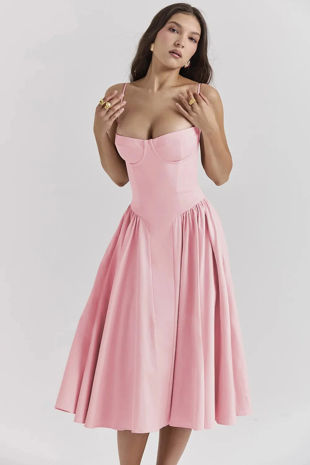 Charmone evening midi dress in pink, corset bodice front view
