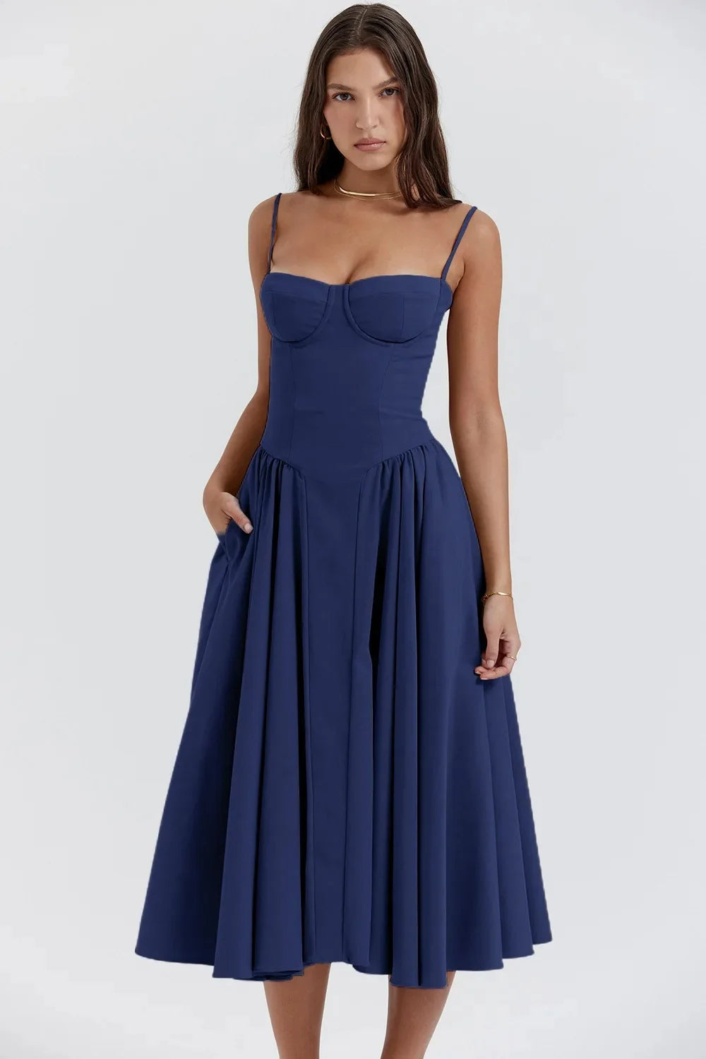 Charmone evening midi dress in dark blue, full-length front view