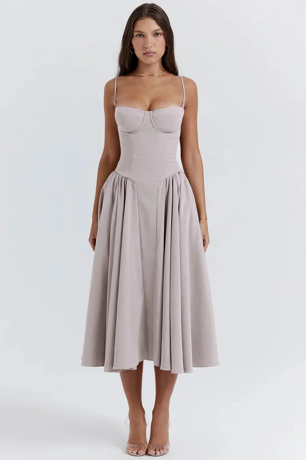 Charmone evening midi dress in grey, full-length front view