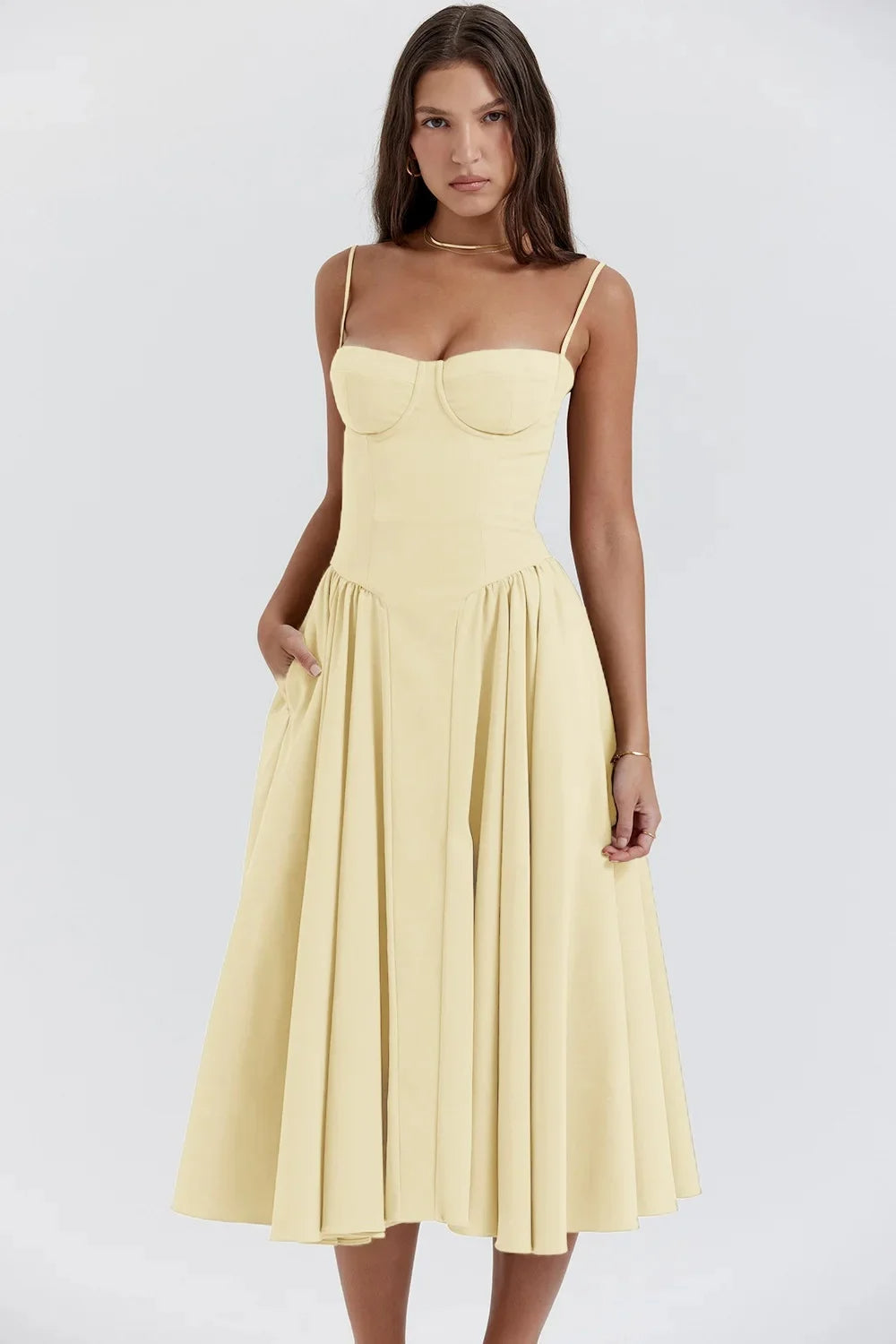 Charmone evening midi dress in yellow, full-length front view