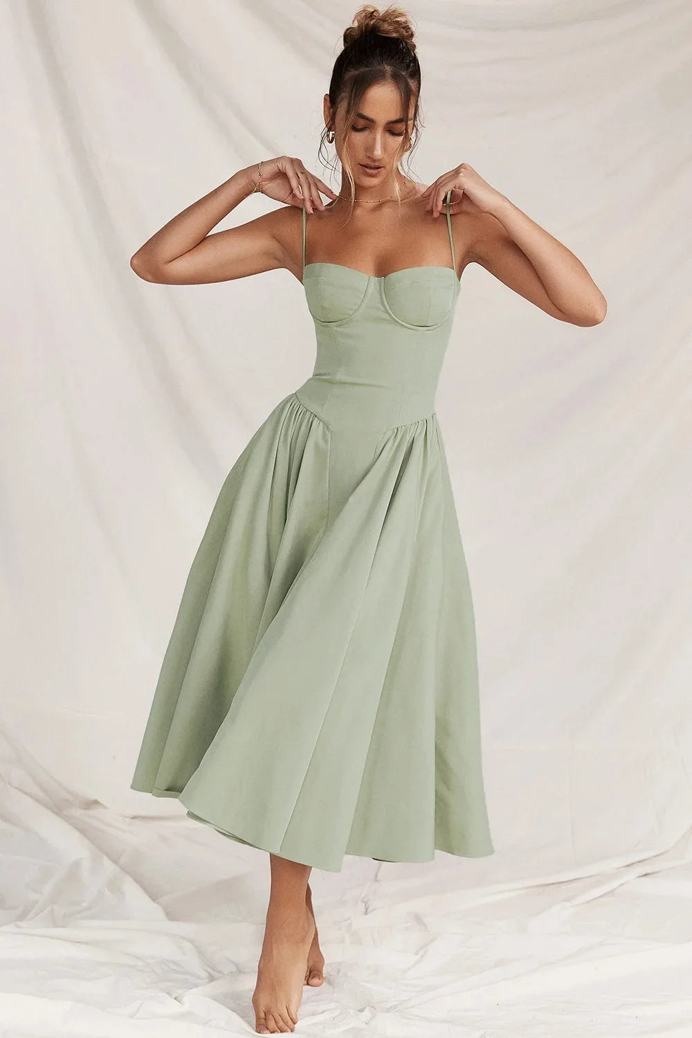 Charmone evening midi dress in mint, full-length front view