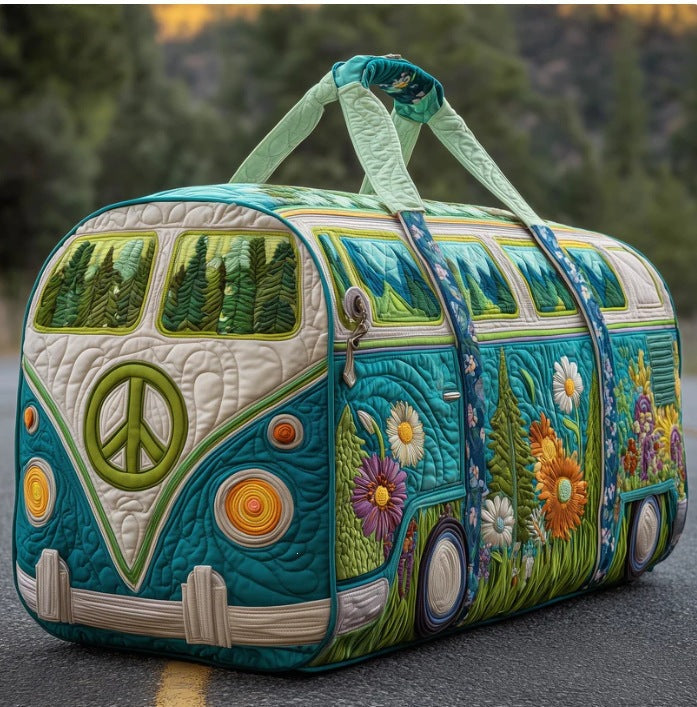 Aquavana quilted travel duffle bag with teal camper van and pine tree print