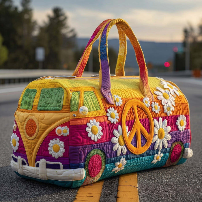 Daisyvana quilted travel duffle bag with colourful camper van and daisy print