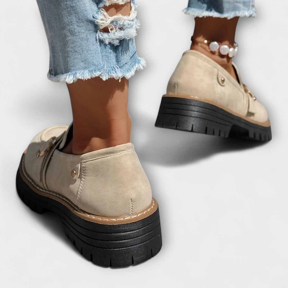 Aurora casual loafers in beige, back view showing chunky sole