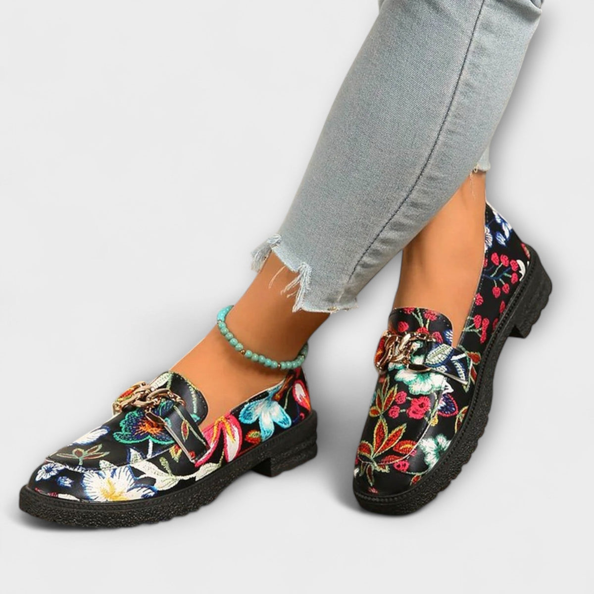 Camille multicolour floral loafers worn, side and top view