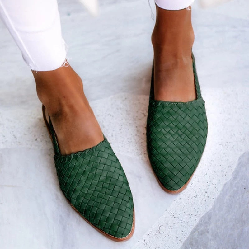 Ismeris woven loafers in green, worn front view