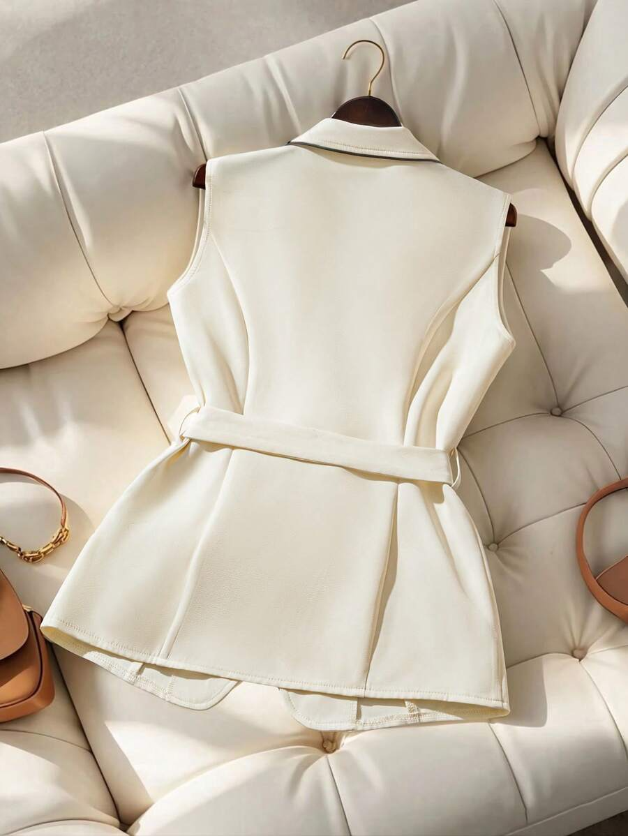 Sofja belted vest in ivory, back view with tie belt