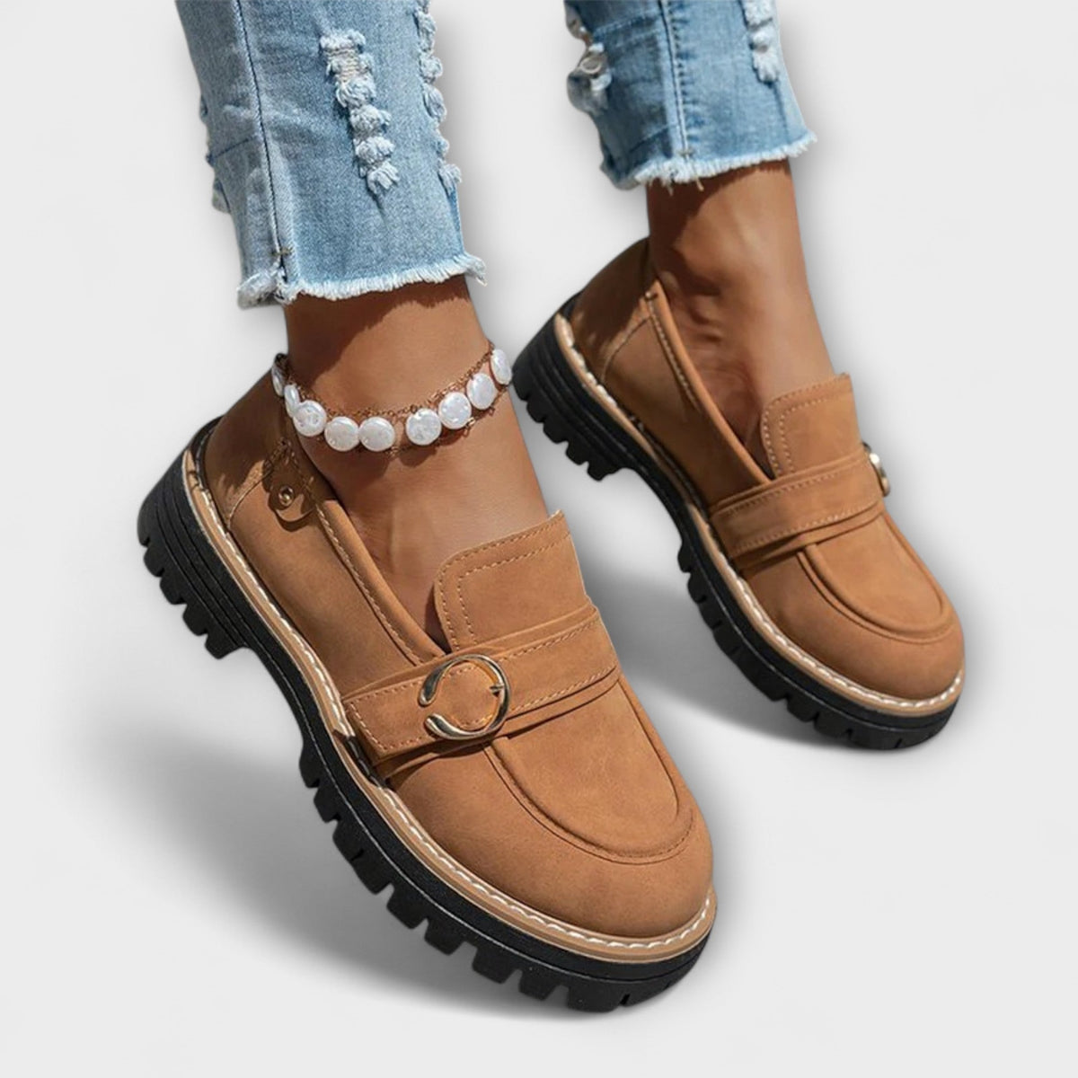 Aurora casual loafers in brown worn with cropped jeans, side view