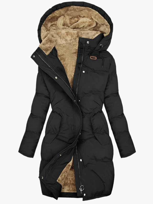 Artemis quilted hooded coat in black, front view with sherpa-lined hood