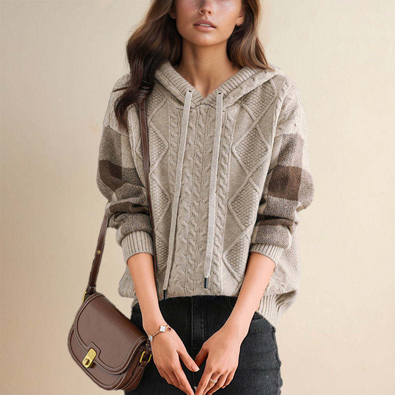 Warrina hooded jumper in beige, front view with contrast check sleeves