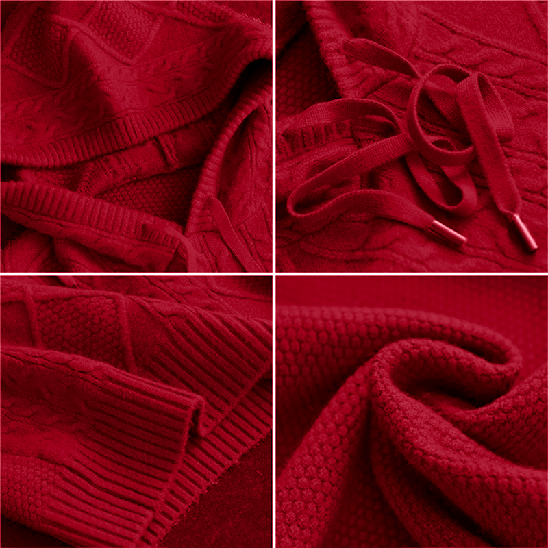 Warrina jumper in red, close-up of knit texture, ties and ribbed cuff