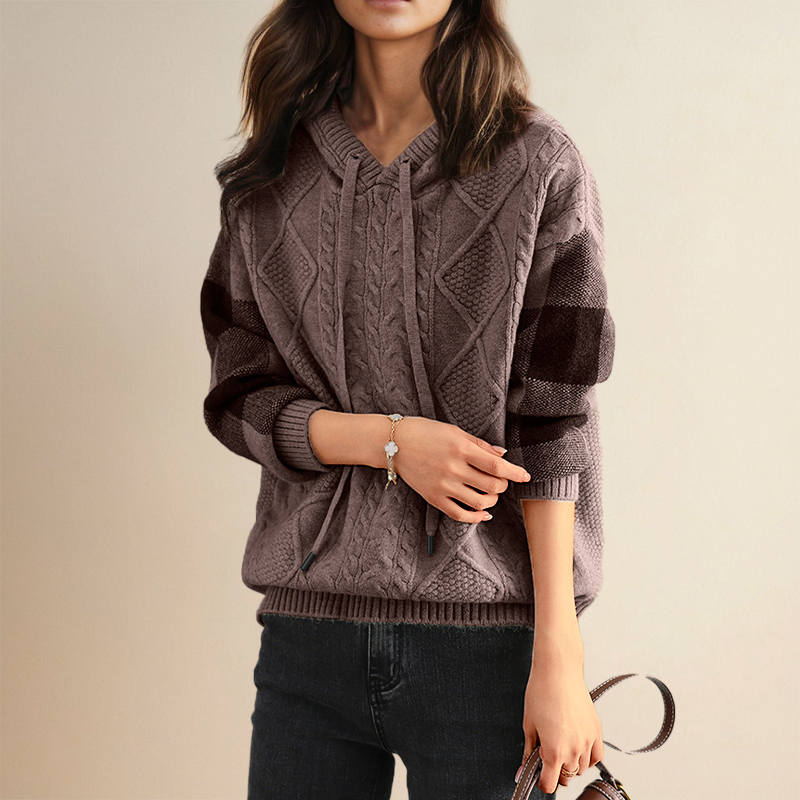 Warrina hooded jumper in brown, front view showing drawstring ties