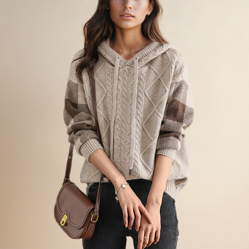 Warrina jacquard hooded jumper in beige, front view
