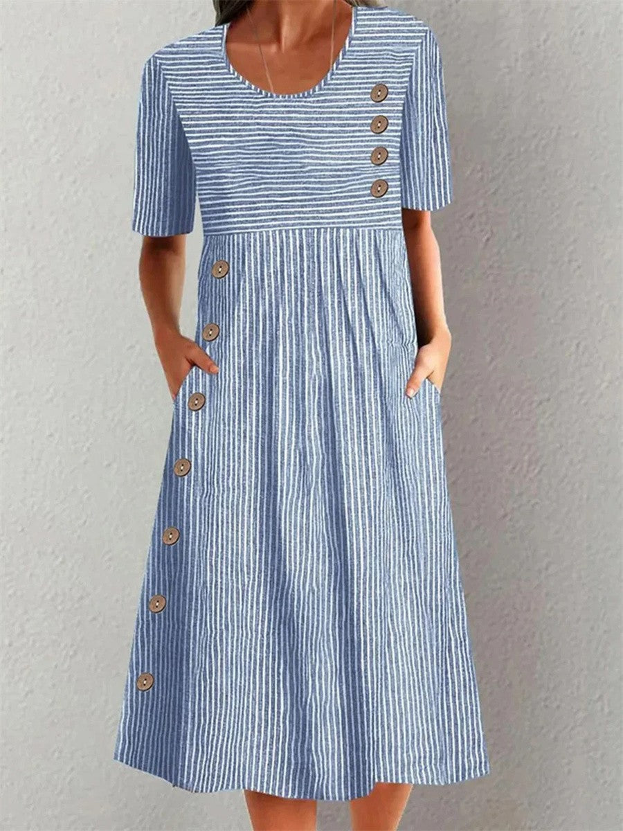 Sofia striped summer dress in blue, front view showing gathered midi skirt