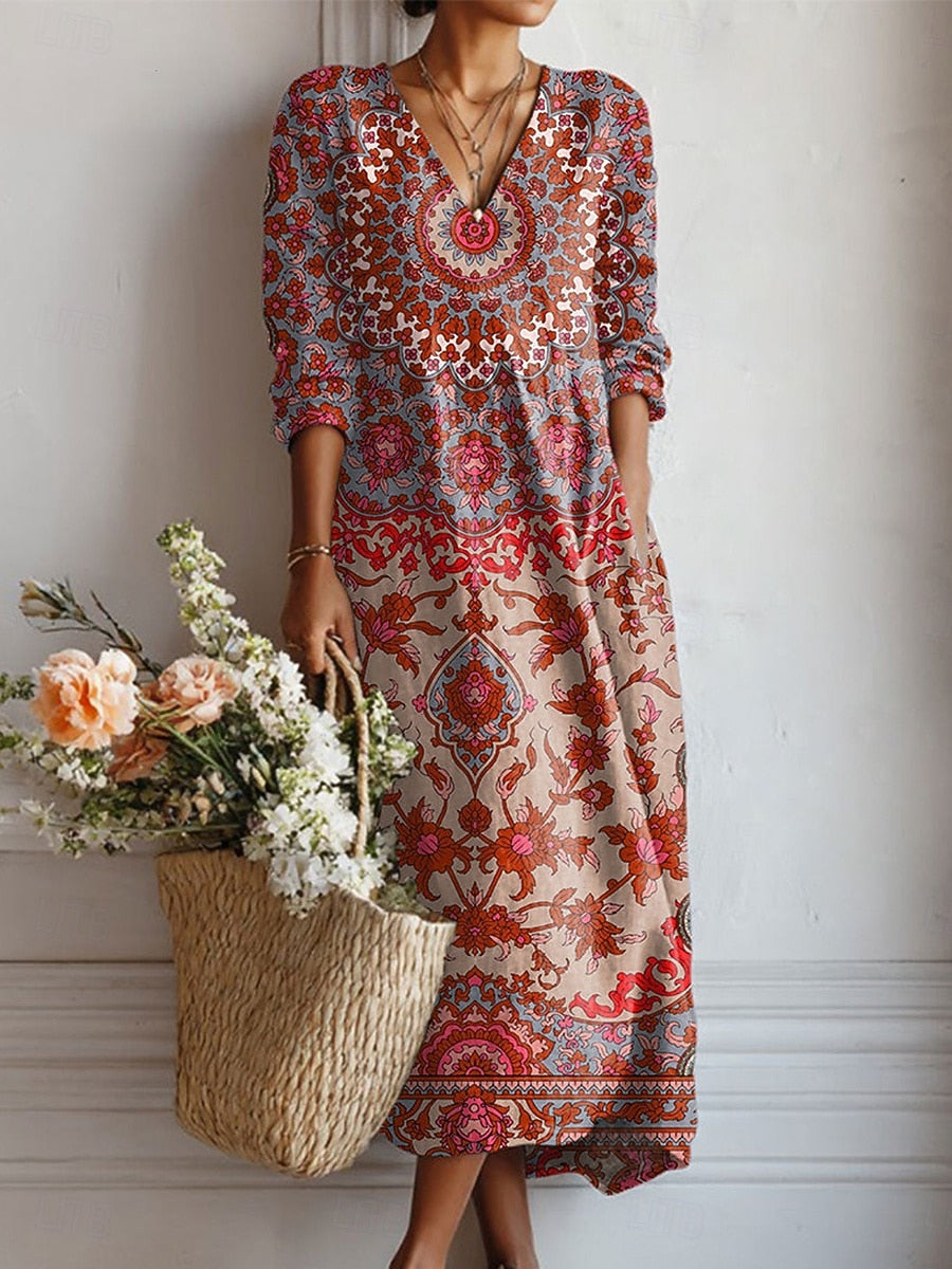 Esra boho print midi dress in red and blue multicolour, full-length front view