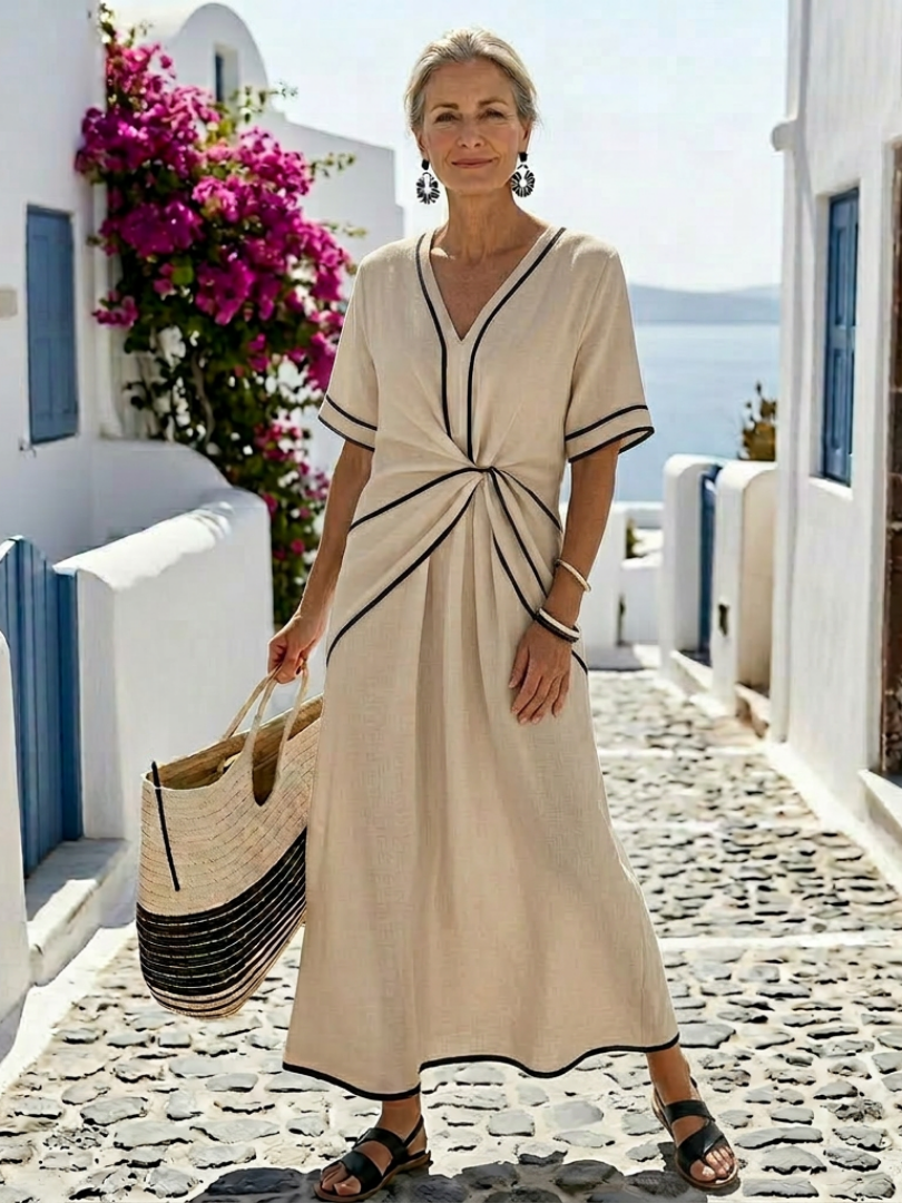 Linnea gathered-waist midi dress in beige, full-length front view