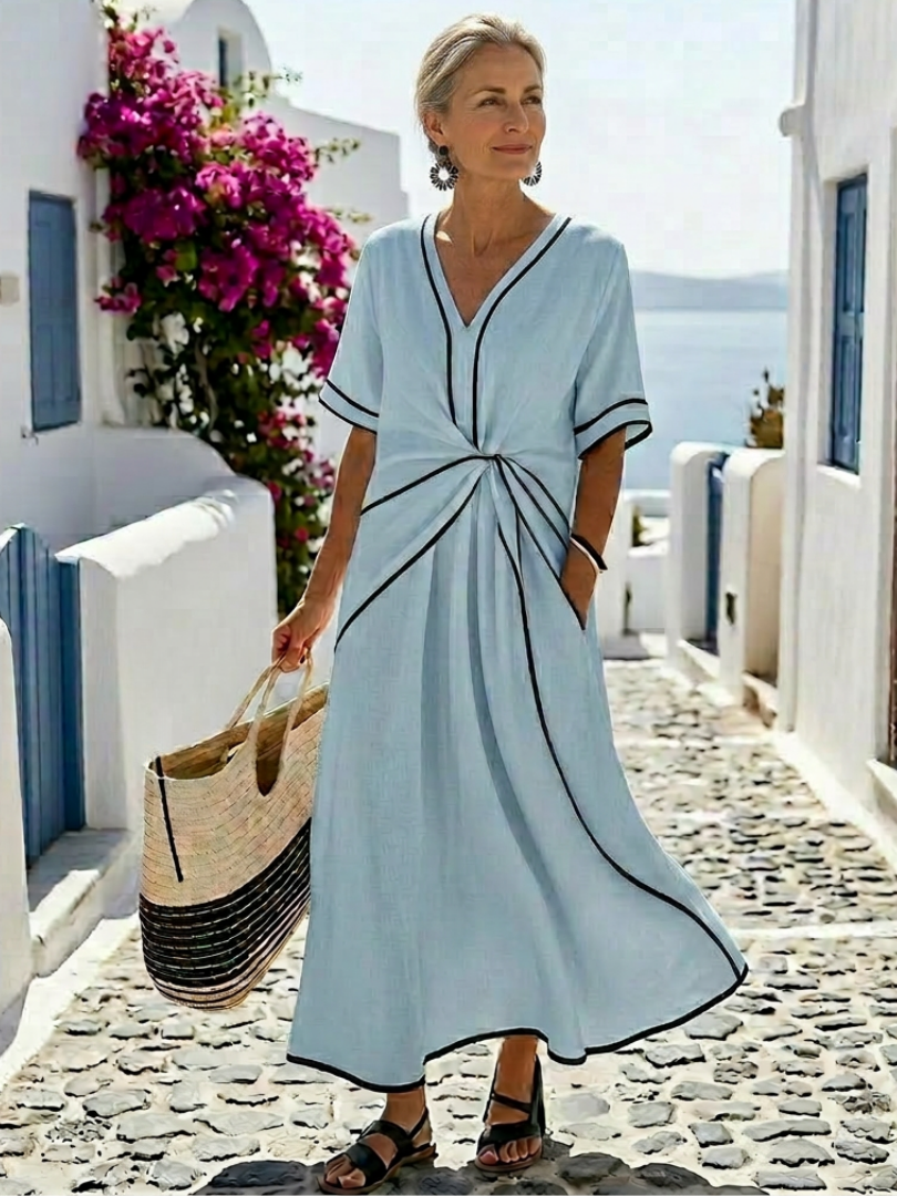 Linnea gathered-waist midi dress in sky blue, full-length view